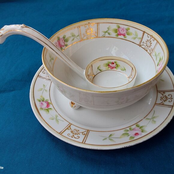 Antique hand painted mayonnaise set delicate roses and gold accents 3 pieces - Picture 2 of 12